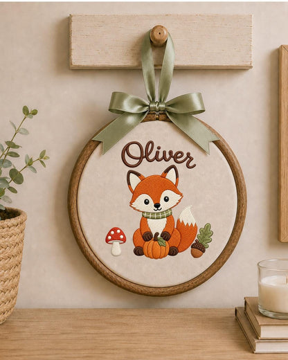 Personalized Embroidered Fox Ornament, Custom Baby Name Hoop, Woodland Nursery Decor, Fall Baby Gift, Newborn Keepsake