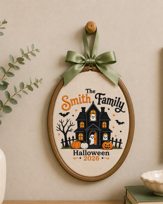 Personalized Embroidered Halloween Family Ornament, Custom Family Name Hoop, Haunted House Ghost Decor, Halloween 2026 Keepsake