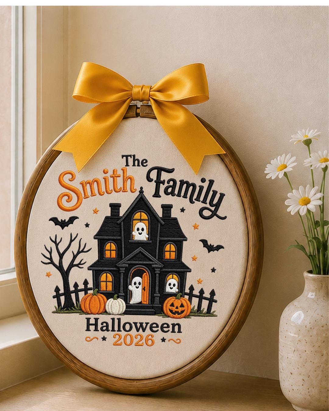Personalized Embroidered Halloween Family Ornament, Custom Family Name Hoop, Haunted House Ghost Decor, Halloween 2026 Keepsake