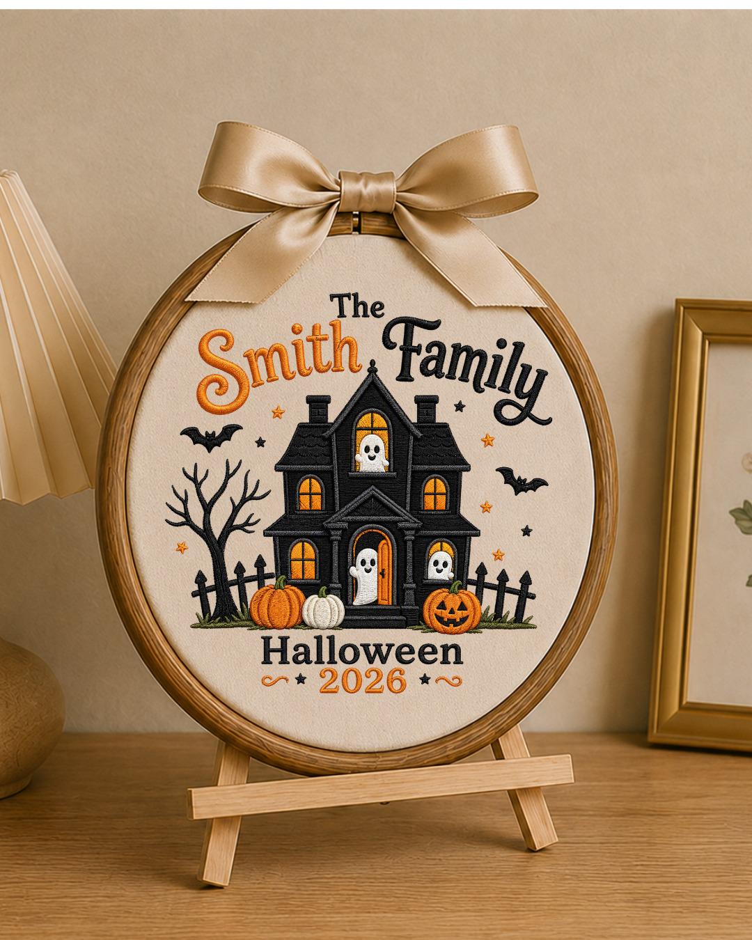 Personalized Embroidered Halloween Family Ornament, Custom Family Name Hoop, Haunted House Ghost Decor, Halloween 2026 Keepsake