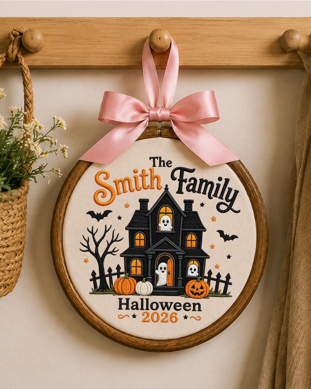 Personalized Embroidered Halloween Family Ornament, Custom Family Name Hoop, Haunted House Ghost Decor, Halloween 2026 Keepsake