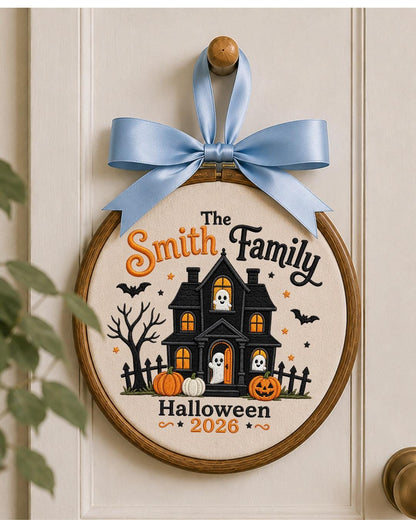 Personalized Embroidered Halloween Family Ornament, Custom Family Name Hoop, Haunted House Ghost Decor, Halloween 2026 Keepsake