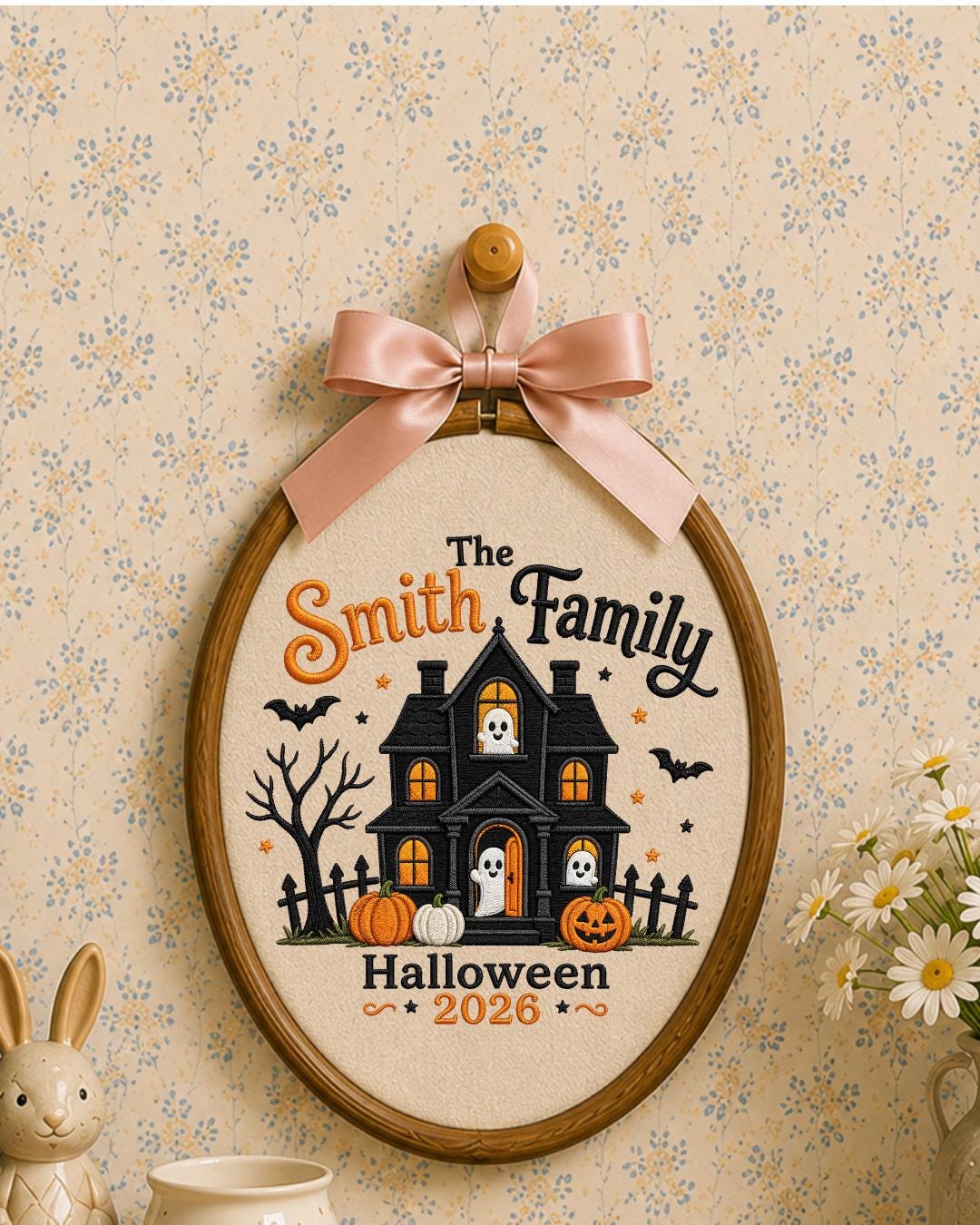 Personalized Embroidered Halloween Family Ornament, Custom Family Name Hoop, Haunted House Ghost Decor, Halloween 2026 Keepsake