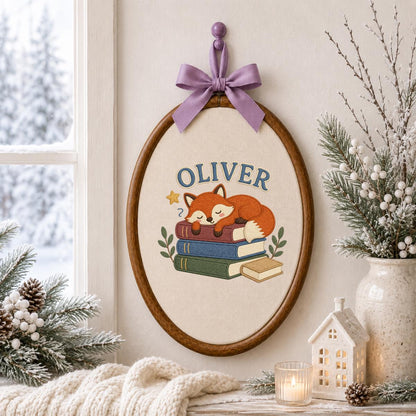 Personalized Sleeping Fox Embroidery Hoop Art, Custom Name Woodland Nursery Decor