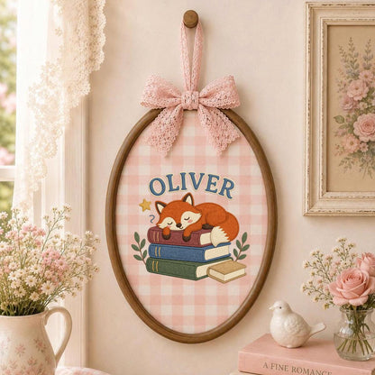 Personalized Sleeping Fox Embroidery Hoop Art, Custom Name Woodland Nursery Decor