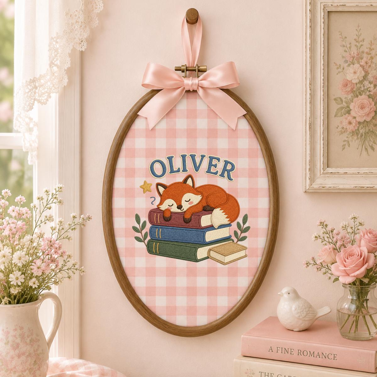 Personalized Sleeping Fox Embroidery Hoop Art, Custom Name Woodland Nursery Decor