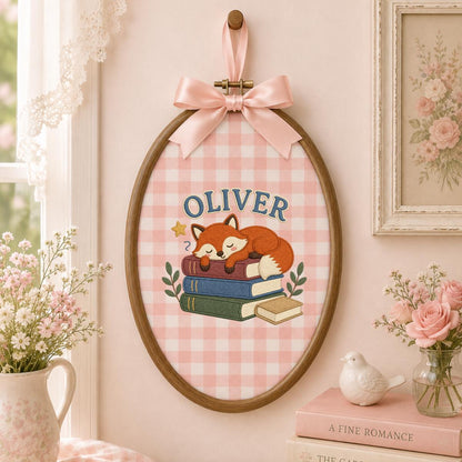 Personalized Sleeping Fox Embroidery Hoop Art, Custom Name Woodland Nursery Decor