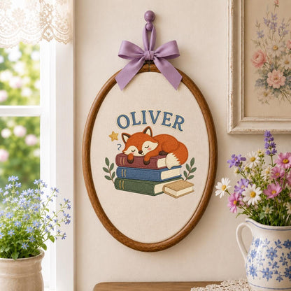 Personalized Sleeping Fox Embroidery Hoop Art, Custom Name Woodland Nursery Decor