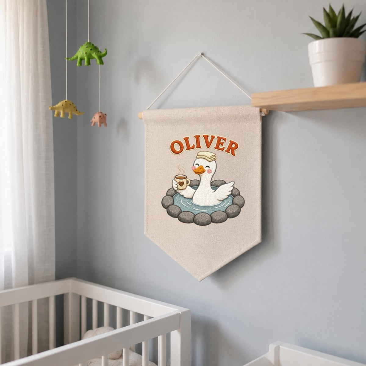 Personalized Embroidered Duck Canvas Banner, Custom Name Nursery Decor, Linen Wall Art