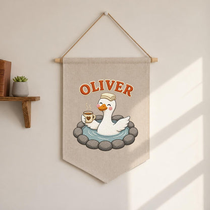 Personalized Embroidered Duck Canvas Banner, Custom Name Nursery Decor, Linen Wall Art