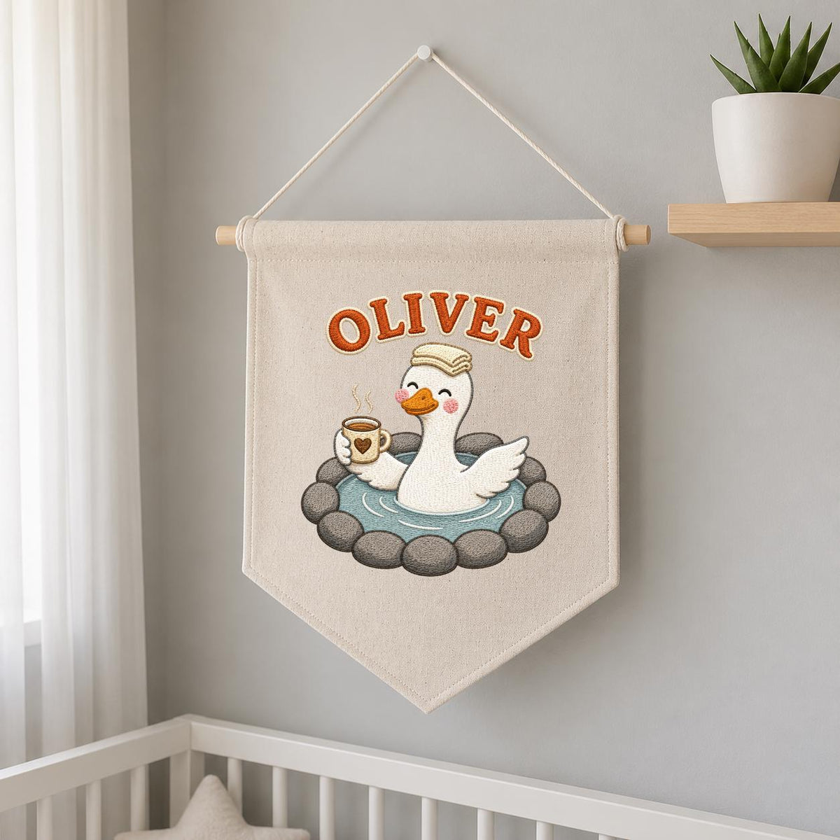 Personalized Embroidered Duck Canvas Banner, Custom Name Nursery Decor, Linen Wall Art