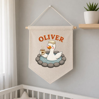 Personalized Embroidered Duck Canvas Banner, Custom Name Nursery Decor, Linen Wall Art