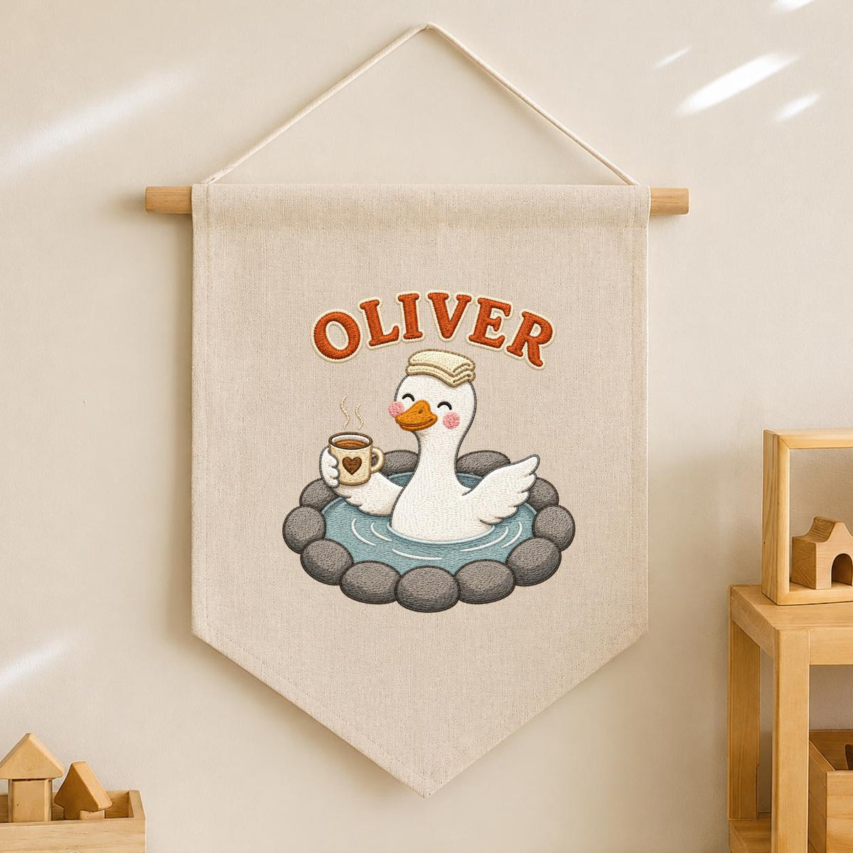 Personalized Embroidered Duck Canvas Banner, Custom Name Nursery Decor, Linen Wall Art