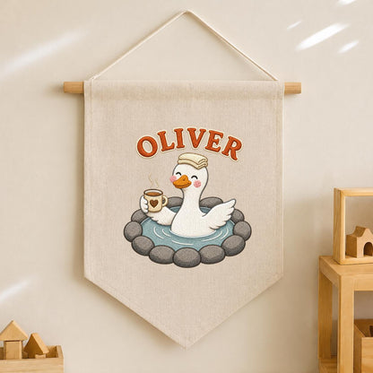 Personalized Embroidered Duck Canvas Banner, Custom Name Nursery Decor, Linen Wall Art