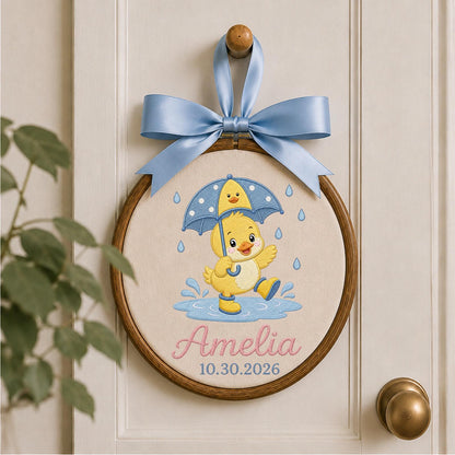 Personalized Embroidered Ornament, Rainy Day Duck Name Hoop, Custom Baby Nursery Decor, Birth Date Keepsake, Baby Shower Gift
