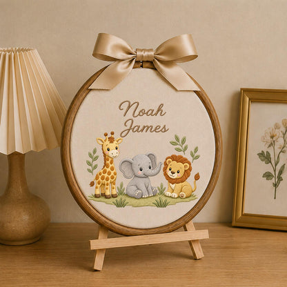 Personalized Embroidered Ornament, Safari Animal Name Hoop, Baby Boy Nursery Decor, Jungle Baby Shower Gift, Newborn Keepsake