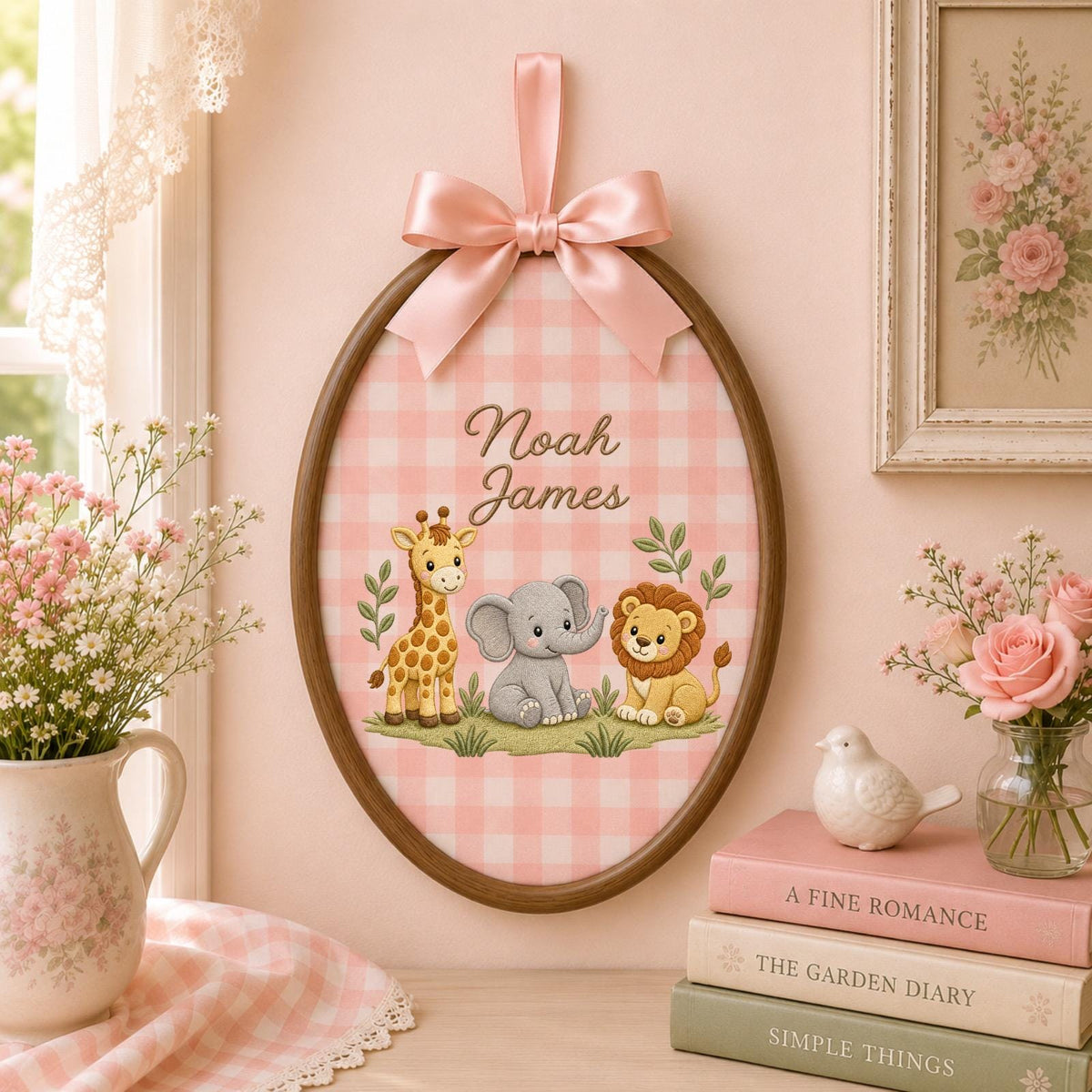Personalized Embroidered Ornament, Safari Animal Name Hoop, Baby Boy Nursery Decor, Jungle Baby Shower Gift, Newborn Keepsake