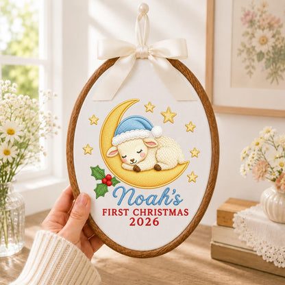 Personalized Embroidered Ornament, Baby First Christmas Lamb Hoop, Custom Name Christmas Decor, Newborn Holiday Keepsake Gift