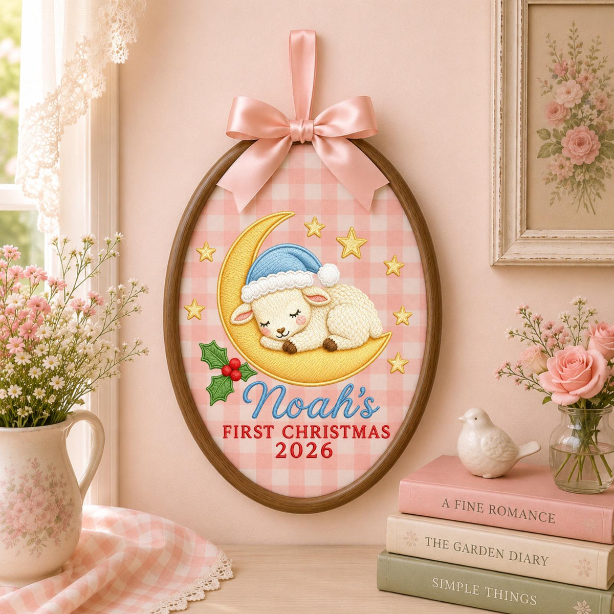 Personalized Embroidered Ornament, Baby First Christmas Lamb Hoop, Custom Name Christmas Decor, Newborn Holiday Keepsake Gift