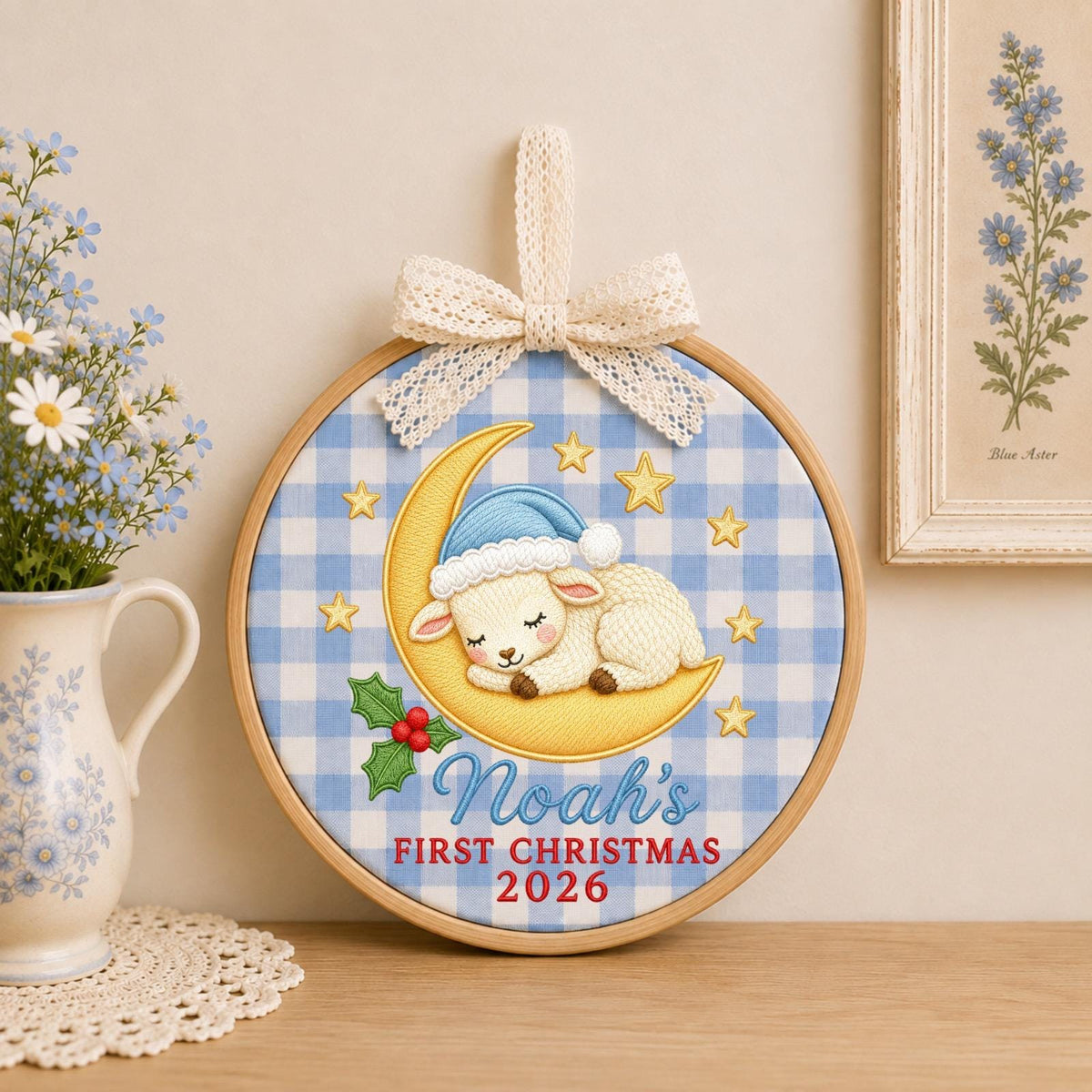 Personalized Embroidered Ornament, Baby First Christmas Lamb Hoop, Custom Name Christmas Decor, Newborn Holiday Keepsake Gift