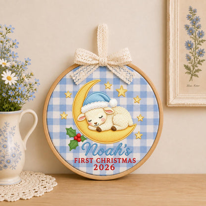 Personalized Embroidered Ornament, Baby First Christmas Lamb Hoop, Custom Name Christmas Decor, Newborn Holiday Keepsake Gift