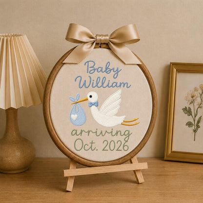 Personalized Embroidered Ornament, Stork Baby Announcement Hoop, Custom Baby Name Decor, Pregnancy Reveal Gift, Nursery Keepsake