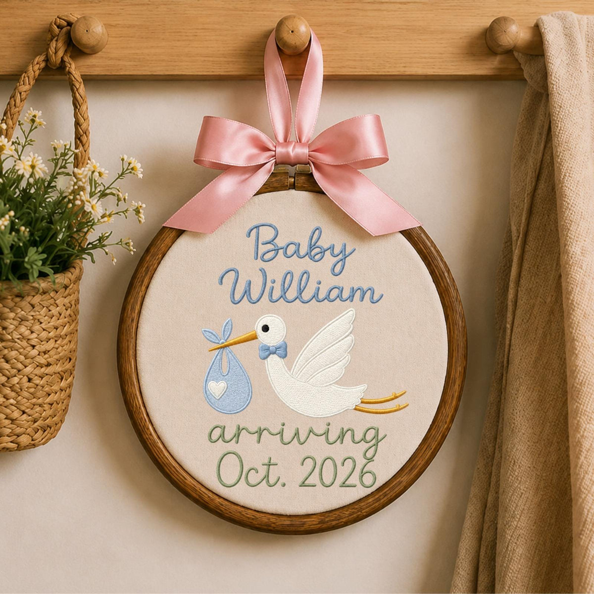 Personalized Embroidered Ornament, Stork Baby Announcement Hoop, Custom Baby Name Decor, Pregnancy Reveal Gift, Nursery Keepsake