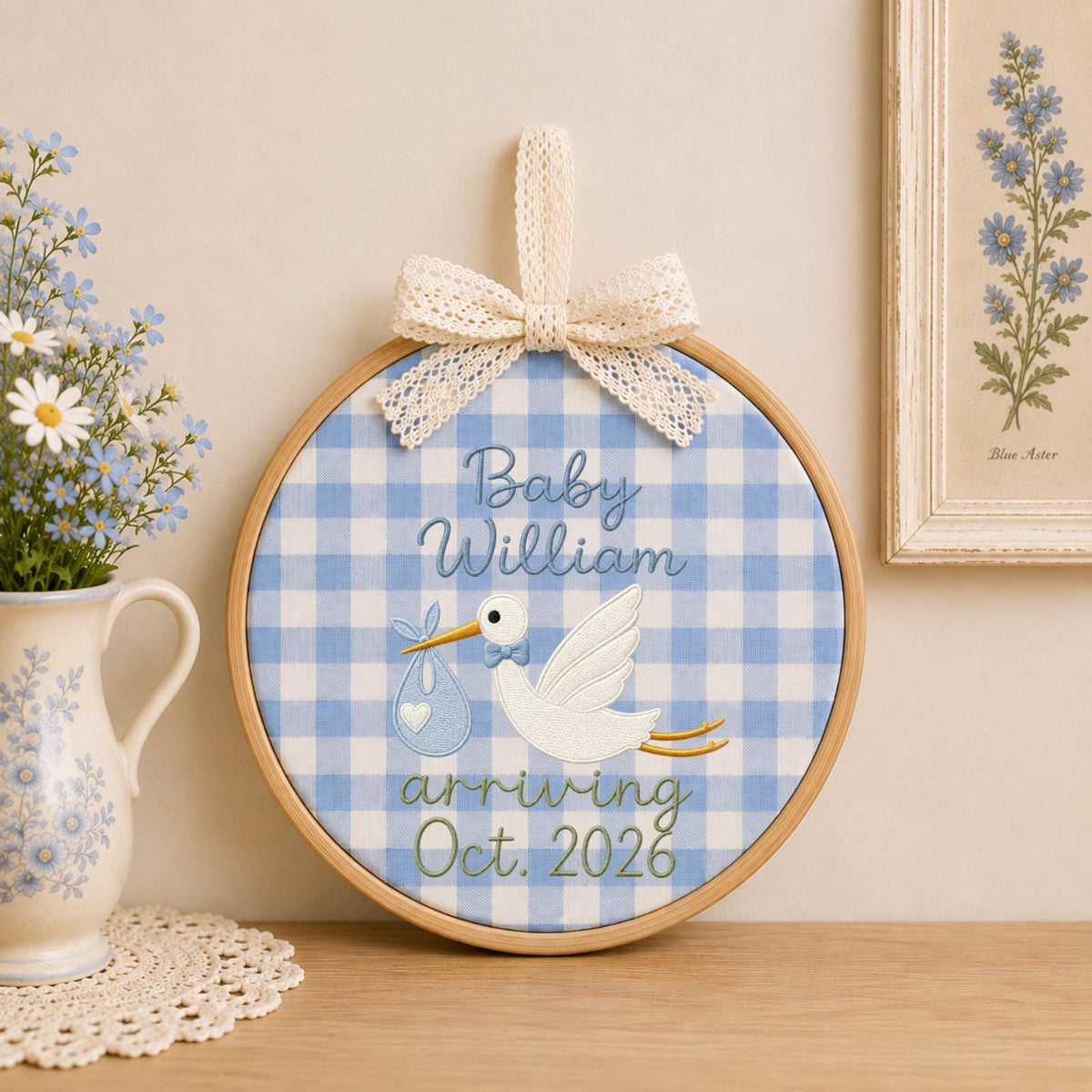 Personalized Embroidered Ornament, Stork Baby Announcement Hoop, Custom Baby Name Decor, Pregnancy Reveal Gift, Nursery Keepsake