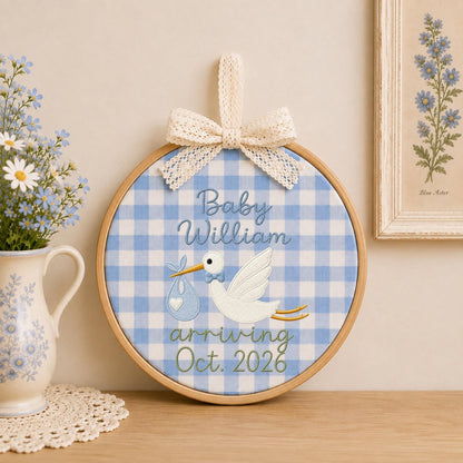 Personalized Embroidered Ornament, Stork Baby Announcement Hoop, Custom Baby Name Decor, Pregnancy Reveal Gift, Nursery Keepsake