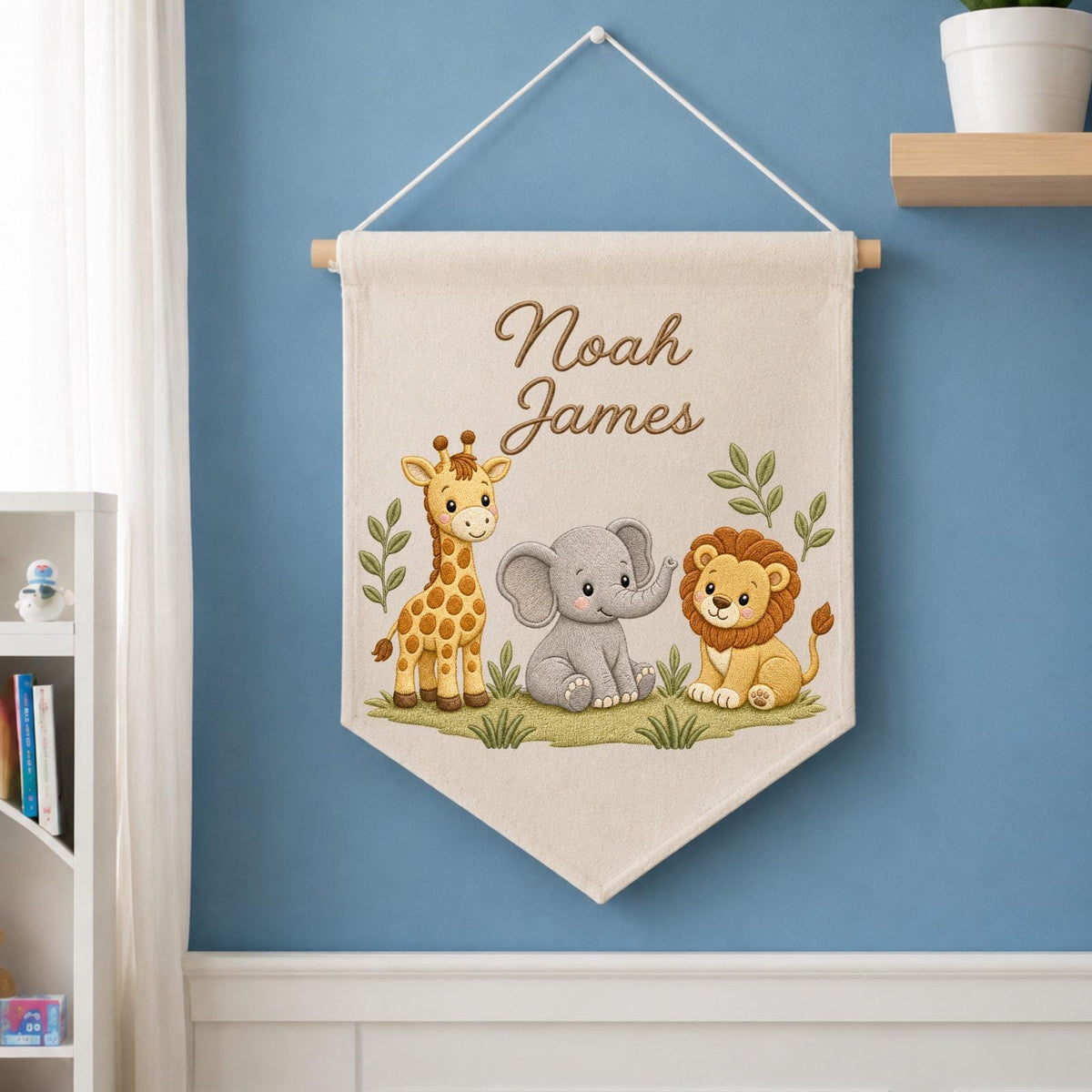 Personalized Embroidered Safari Animals Wall Hanging Banner, Custom Baby Name Sign, Jungle Nursery Decor, Baby Shower Gift