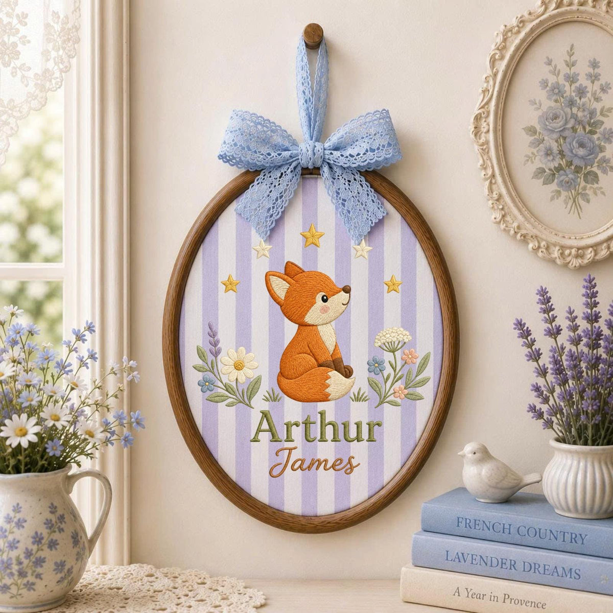 Personalized Embroidered Ornament, Woodland Fox Name Hoop, Custom Baby Boy Nursery Decor, Forest Animal Baby Shower Gift, Newborn Keepsake