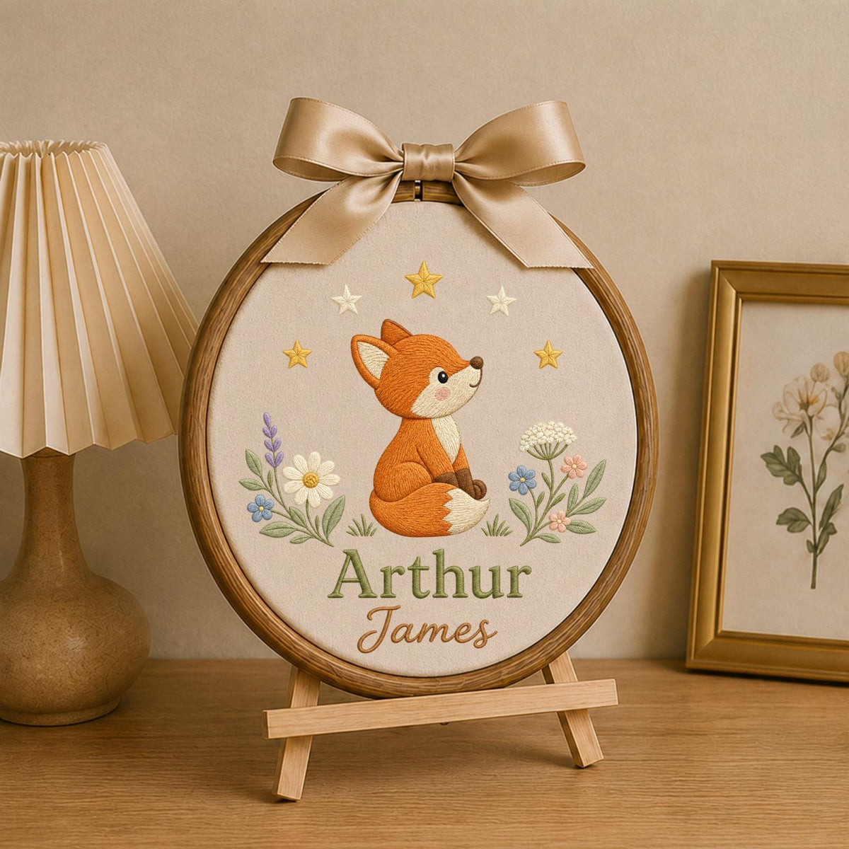 Personalized Embroidered Ornament, Woodland Fox Name Hoop, Custom Baby Boy Nursery Decor, Forest Animal Baby Shower Gift, Newborn Keepsake