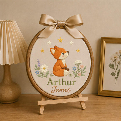 Personalized Embroidered Ornament, Woodland Fox Name Hoop, Custom Baby Boy Nursery Decor, Forest Animal Baby Shower Gift, Newborn Keepsake