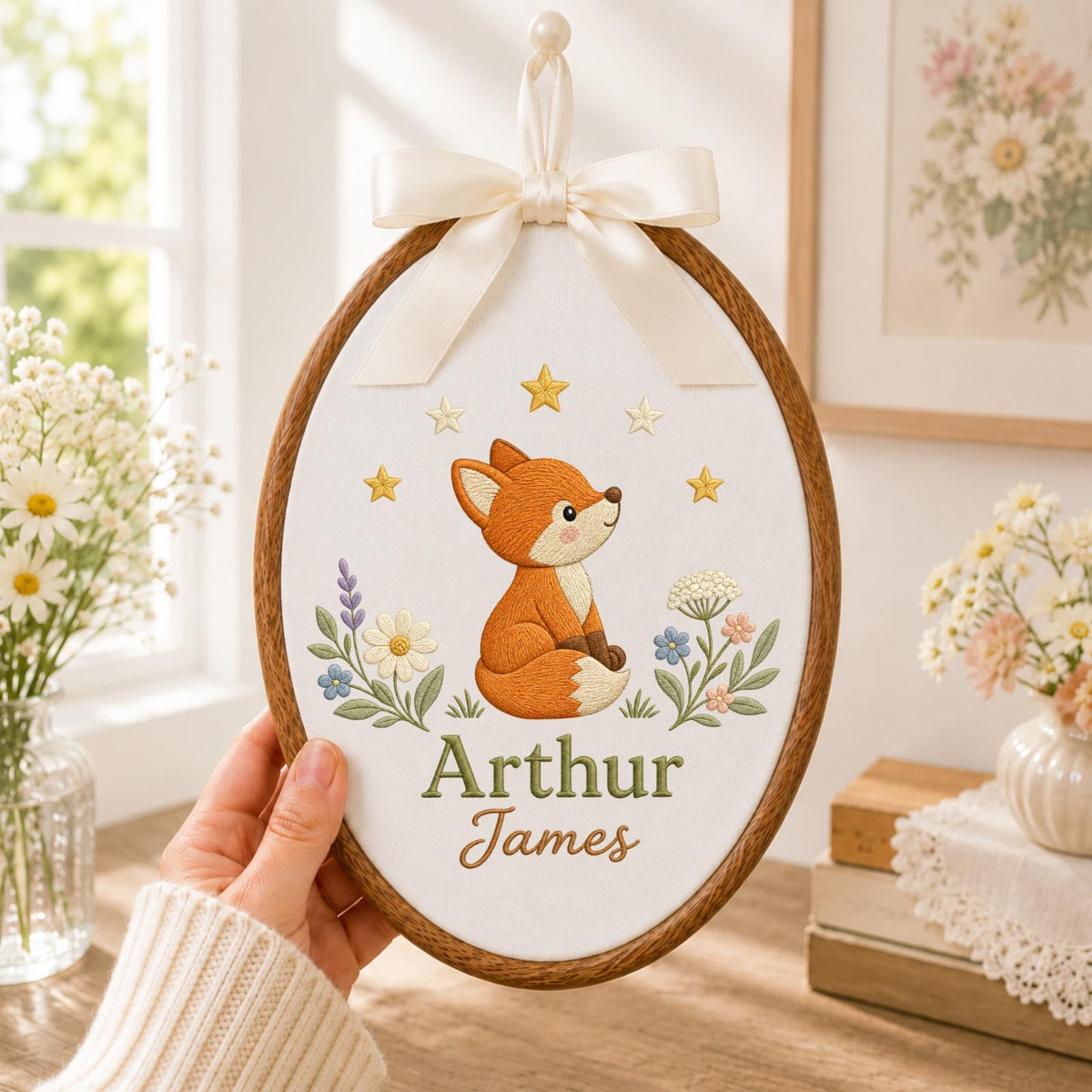 Personalized Embroidered Ornament, Woodland Fox Name Hoop, Custom Baby Boy Nursery Decor, Forest Animal Baby Shower Gift, Newborn Keepsake