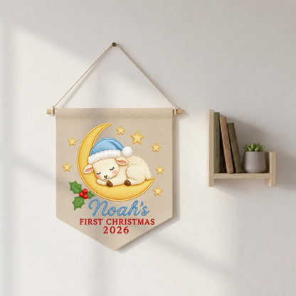 Personalized Embroidered First Christmas Wall Hanging Banner, Custom Baby Name Sign, Sleeping Lamb Nursery Decor, Christmas Gift 2026