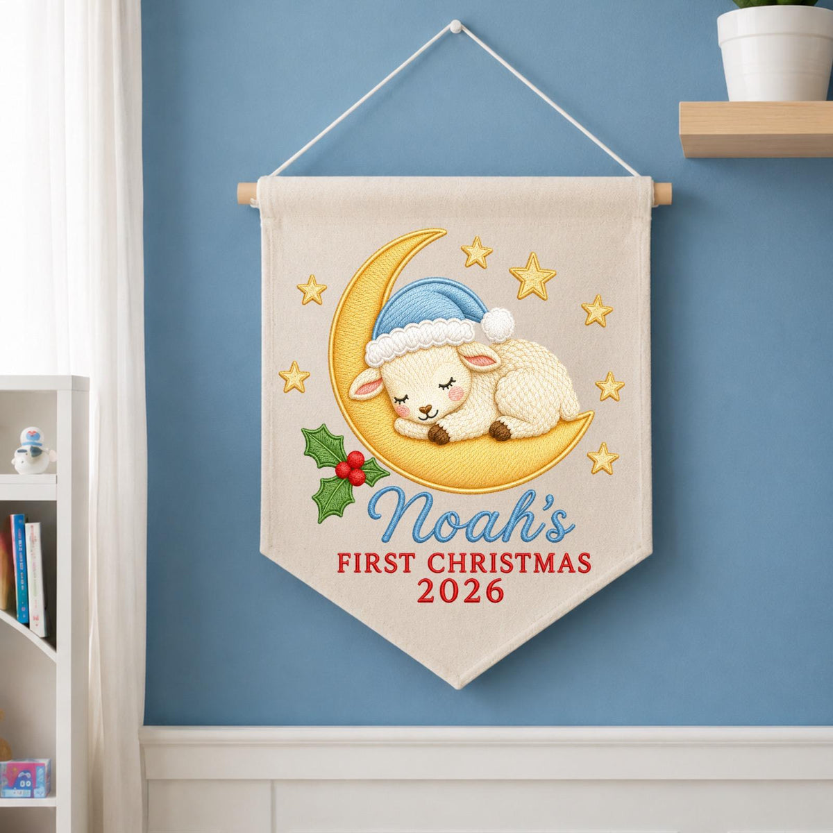 Personalized Embroidered First Christmas Wall Hanging Banner, Custom Baby Name Sign, Sleeping Lamb Nursery Decor, Christmas Gift 2026