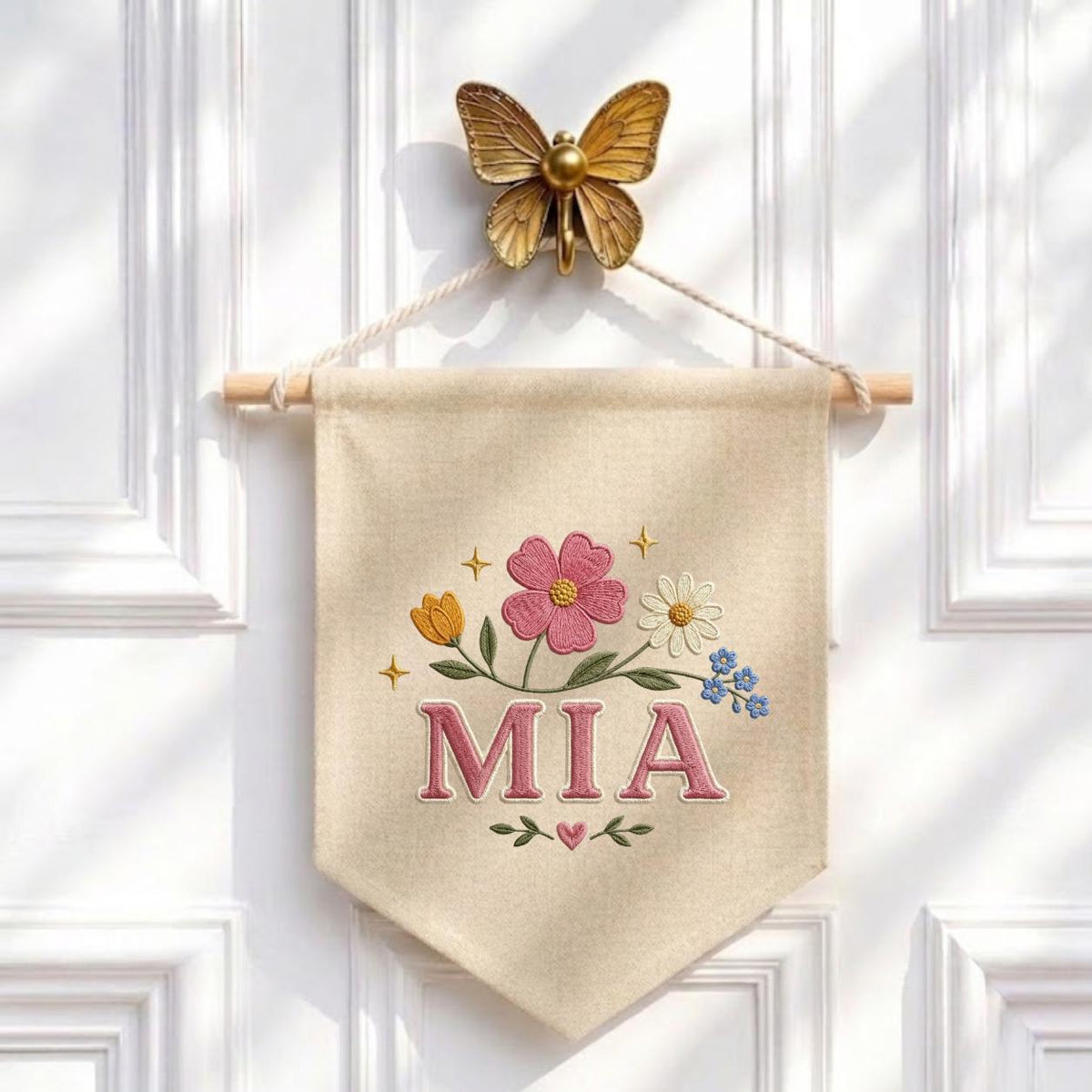 Personalized Embroidered Wildflower Banner, Custom Name Baby Girl Wall Hanging