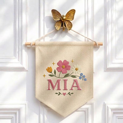Personalized Embroidered Wildflower Banner, Custom Name Baby Girl Wall Hanging
