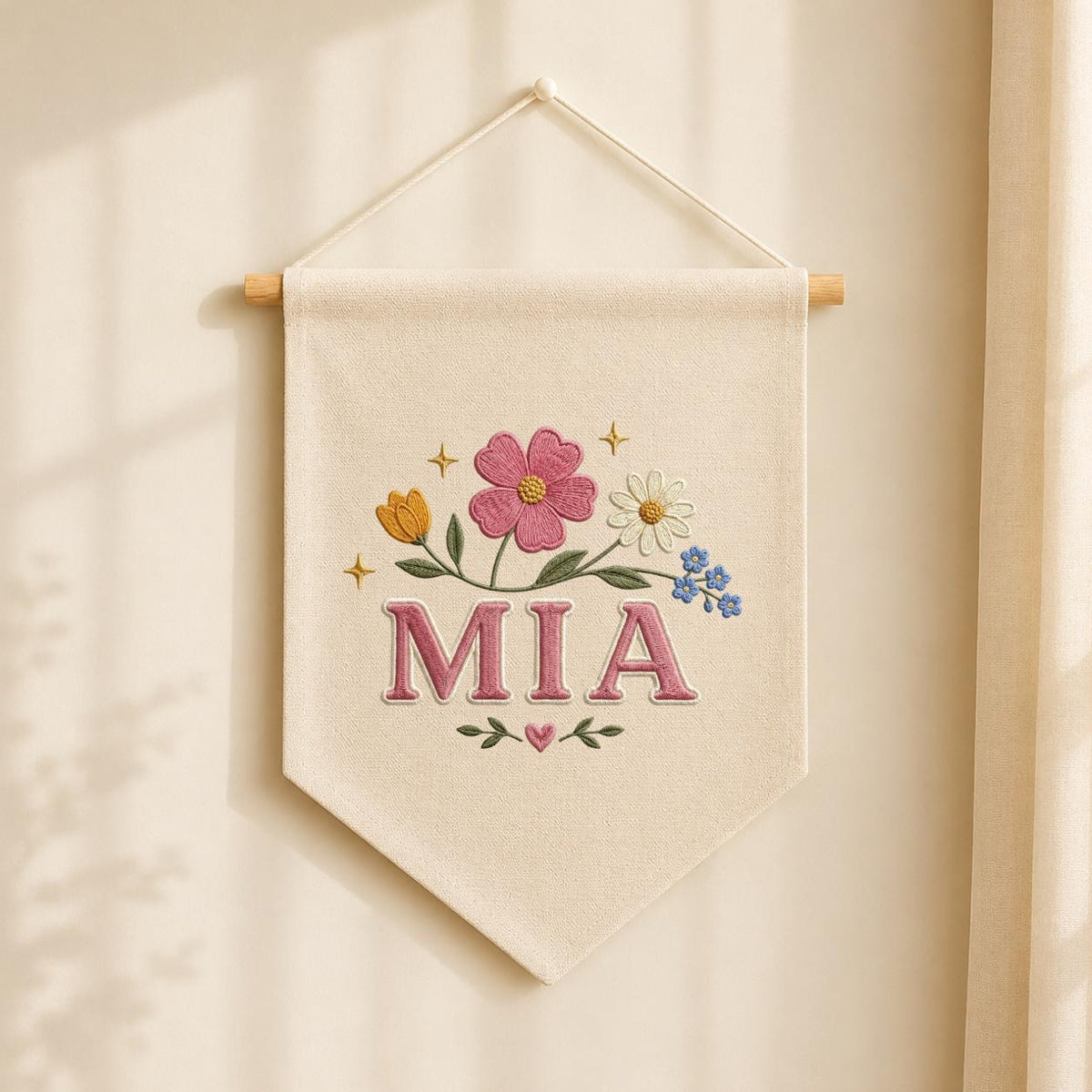 Personalized Embroidered Wildflower Banner, Custom Name Baby Girl Wall Hanging