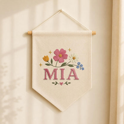 Personalized Embroidered Wildflower Banner, Custom Name Baby Girl Wall Hanging