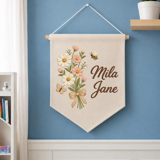 Personalized Embroidered Floral Wall Hanging Banner, Custom Girl Name Sign, Wildflower Nursery Decor, Baby Shower Gift, Cottagecore Decor