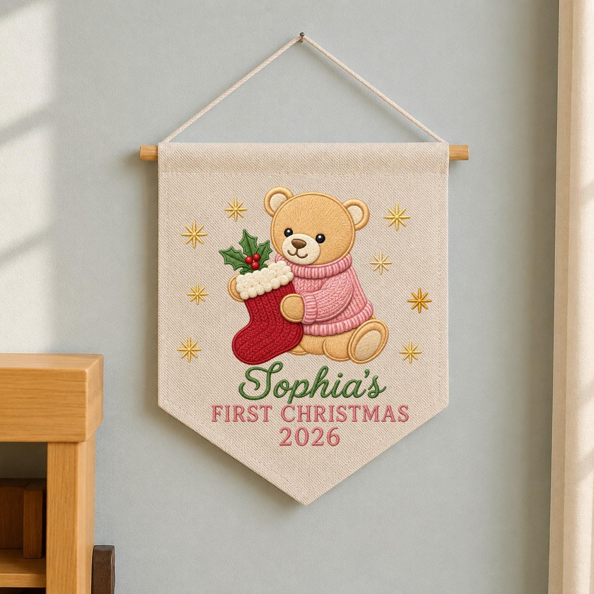 Personalized Embroidered First Christmas Wall Hanging Banner, Custom Baby Name Sign, Teddy Bear Nursery Decor, Christmas Gift 2026