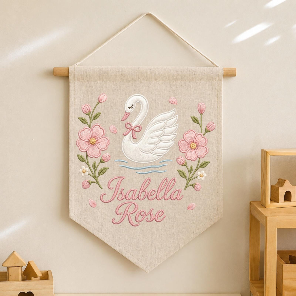 Personalized Embroidered Swan Wall Hanging Banner, Custom Baby Name Sign, Floral Girl Nursery Decor, Baby Shower Gift, Kids Room Decor