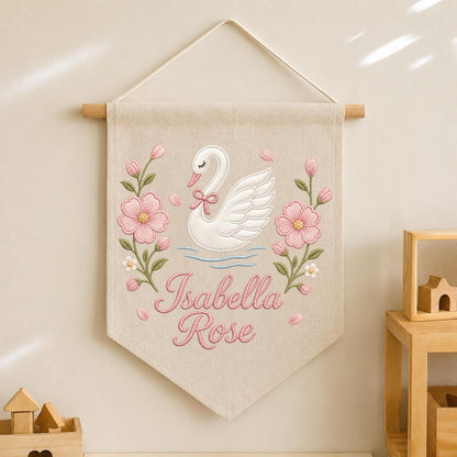 Personalized Embroidered Swan Wall Hanging Banner, Custom Baby Name Sign, Floral Girl Nursery Decor, Baby Shower Gift, Kids Room Decor
