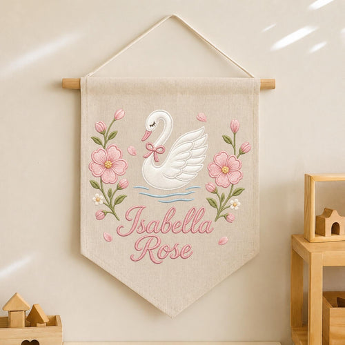 Personalized Embroidered Swan Wall Hanging Banner, Custom Baby Name Sign, Floral Girl Nursery Decor, Baby Shower Gift, Kids Room Decor