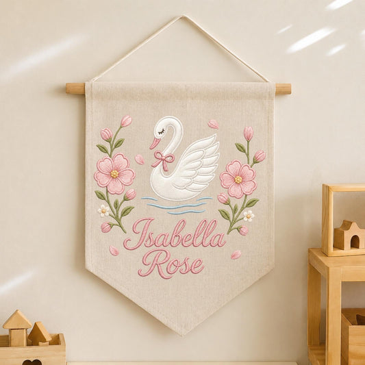Personalized Embroidered Swan Wall Hanging Banner, Custom Baby Name Sign, Floral Girl Nursery Decor, Baby Shower Gift, Kids Room Decor