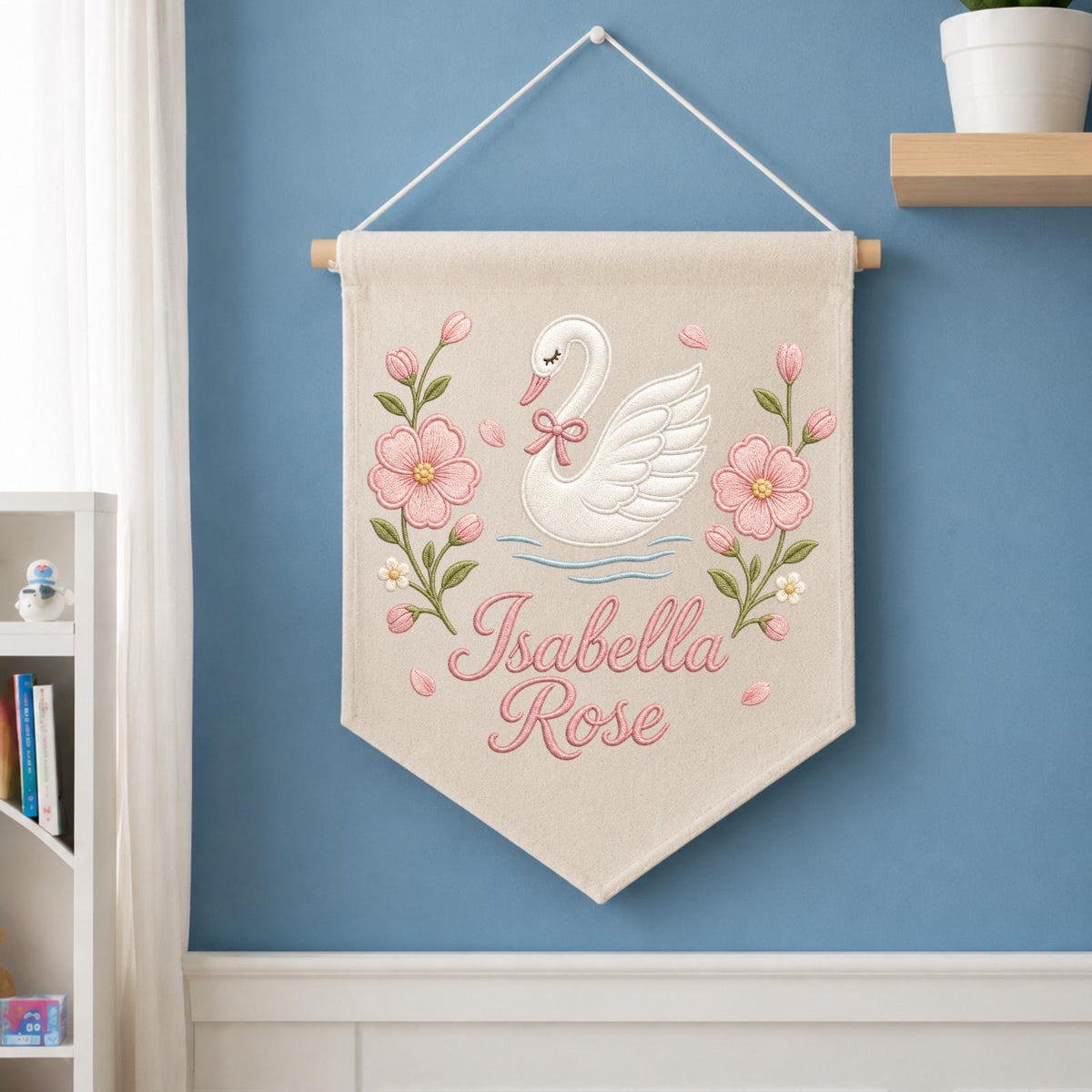 Personalized Embroidered Swan Wall Hanging Banner, Custom Baby Name Sign, Floral Girl Nursery Decor, Baby Shower Gift, Kids Room Decor