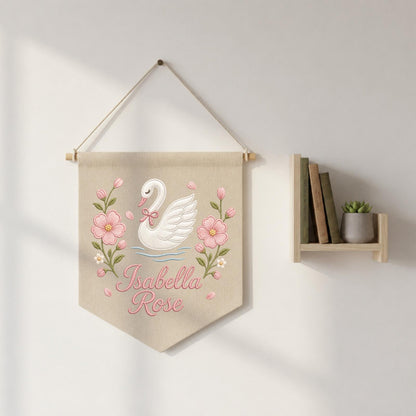 Personalized Embroidered Swan Wall Hanging Banner, Custom Baby Name Sign, Floral Girl Nursery Decor, Baby Shower Gift, Kids Room Decor