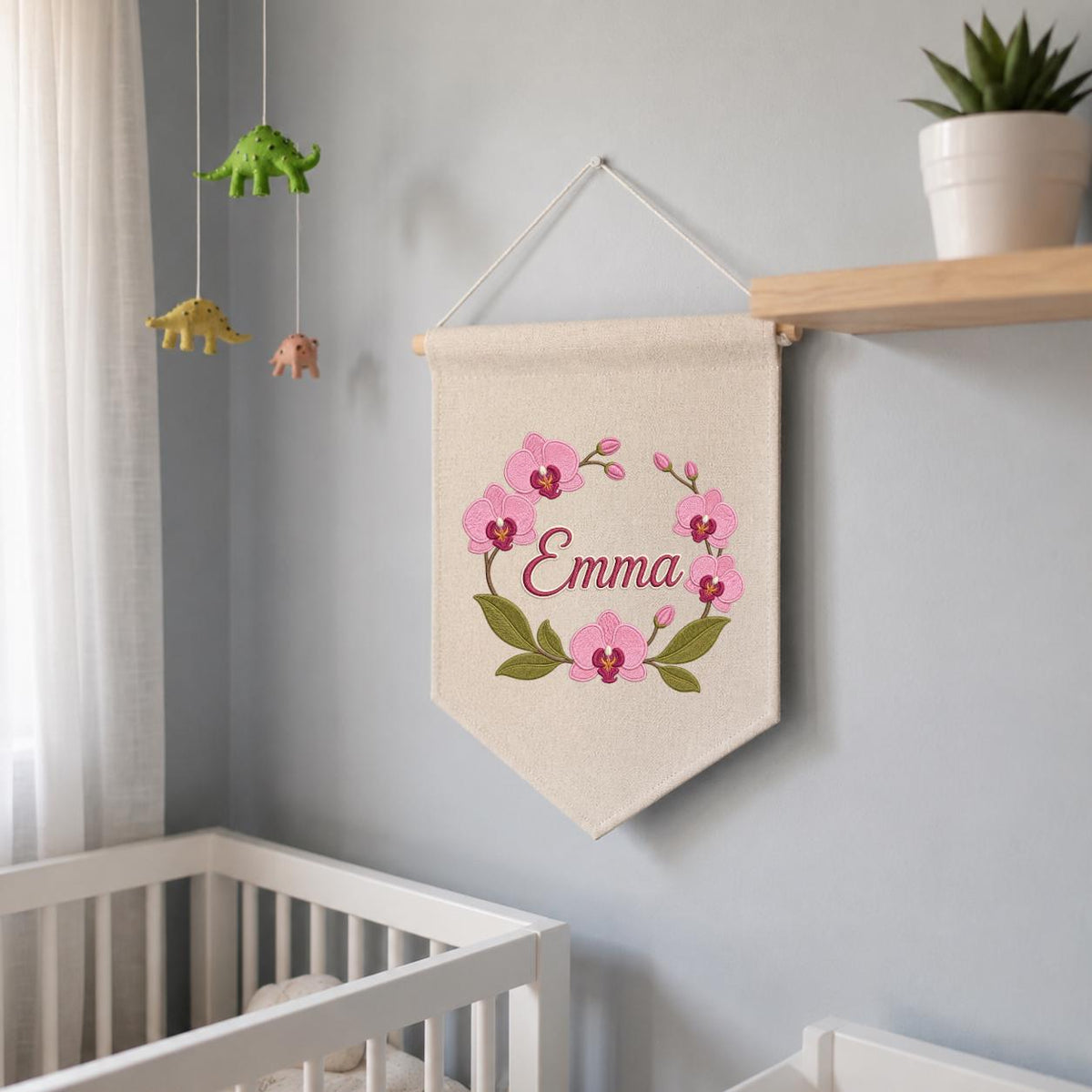 Personalized Embroidered Orchid Wreath Banner, Custom Name Nursery Decor