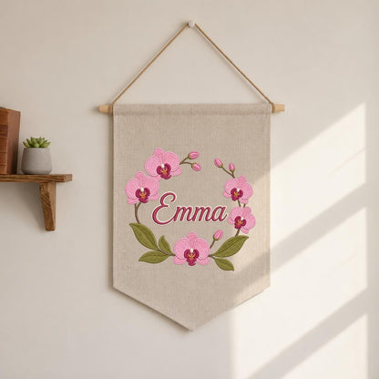Personalized Embroidered Orchid Wreath Banner, Custom Name Nursery Decor